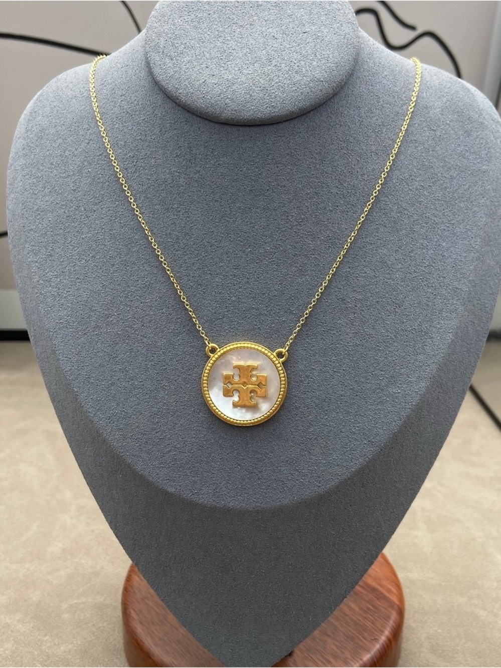 Tory Burch Gold-Tone Necklace with White Mother-of-Pearl Logo Pendant